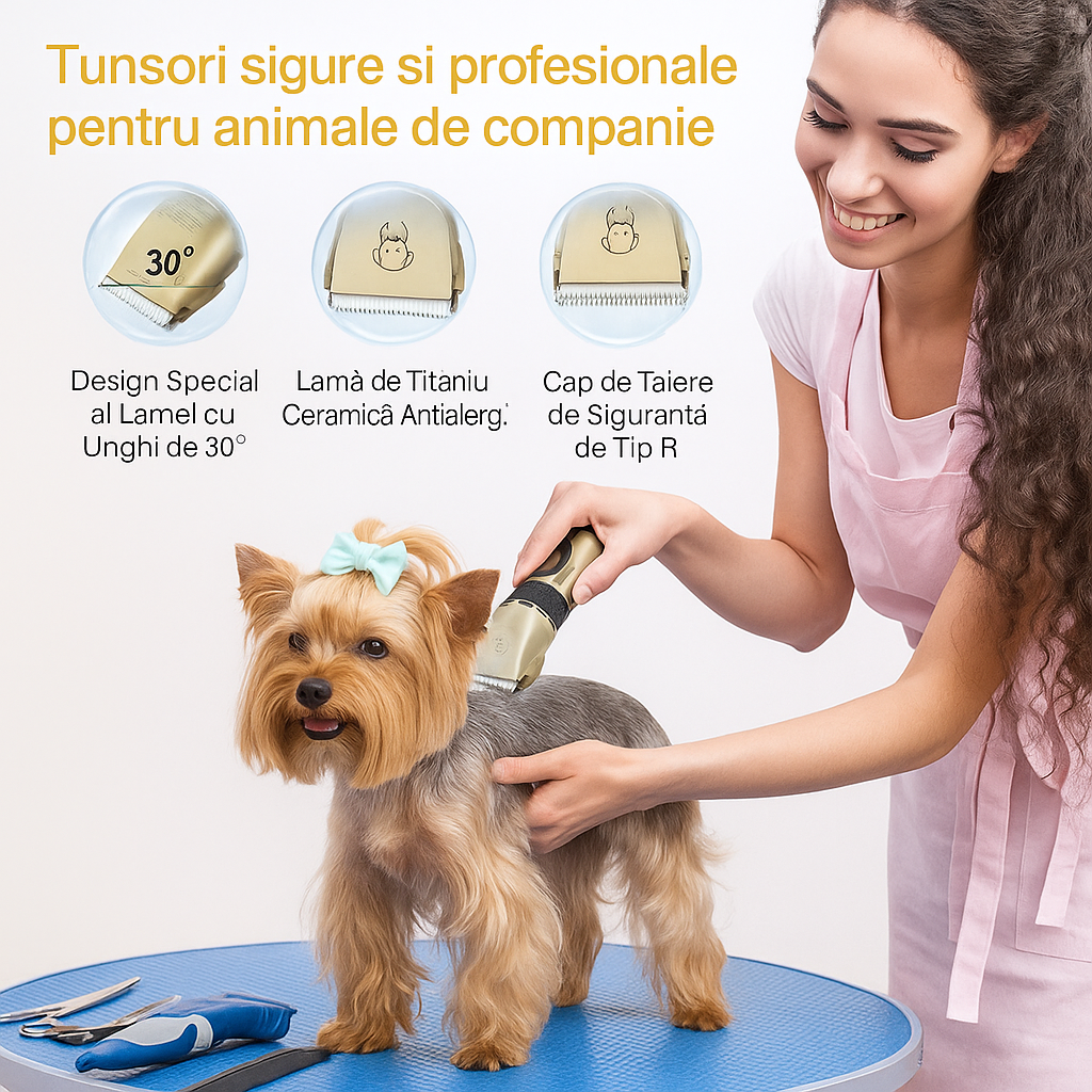 Set Complet Mașină de Tuns Animale, Fără Fir, Silențioasă, 4 Capete