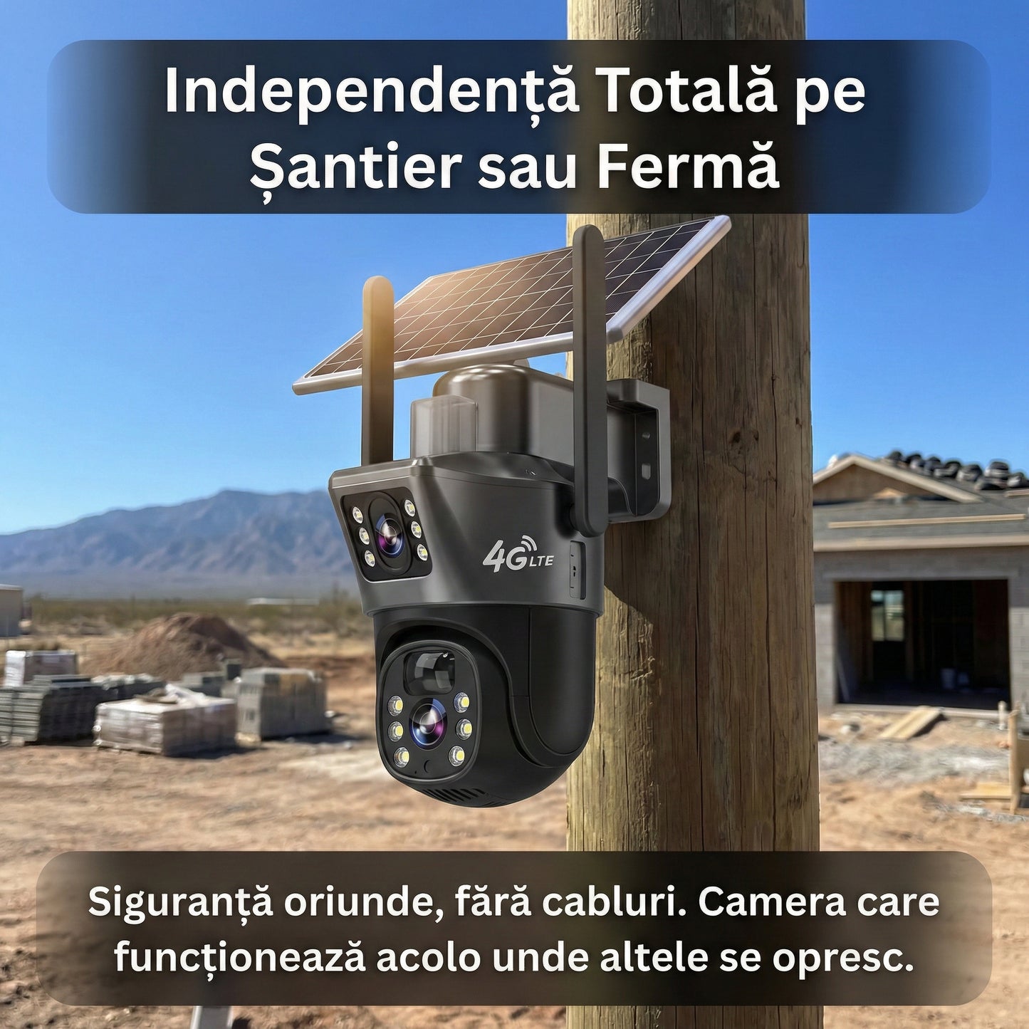 Camera Supraveghere Dual Lens 4K 8MP, Panou Solar 18W, Conectivitate 4G SIM / Autonomie Totală, Vedere Nocturnă Color, Urmărire AI, V380 Pro, Negru