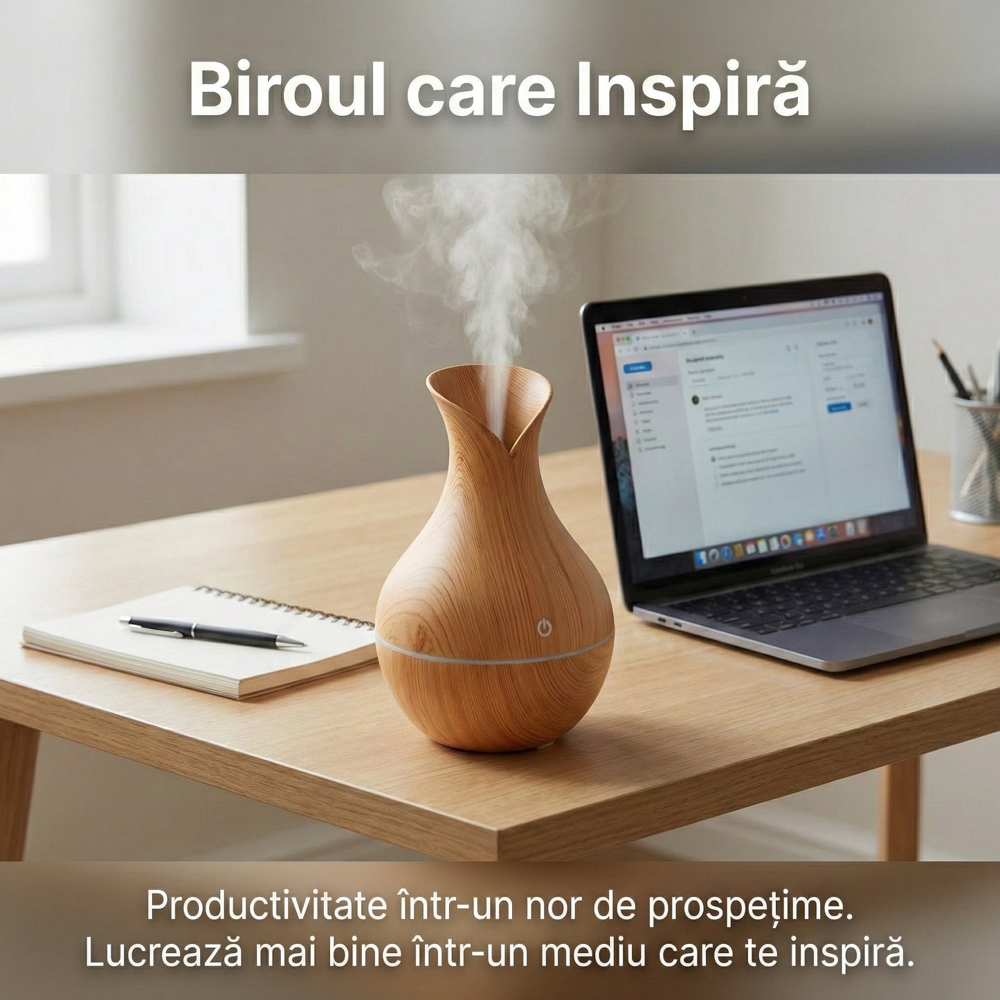 Difuzor Aromaterapie Ultrasonic 400ml cu Telecomandă, Umidificator Aer Cool Mist, LED 7 Culori, Timer, Design Lemn Stejar Deschis