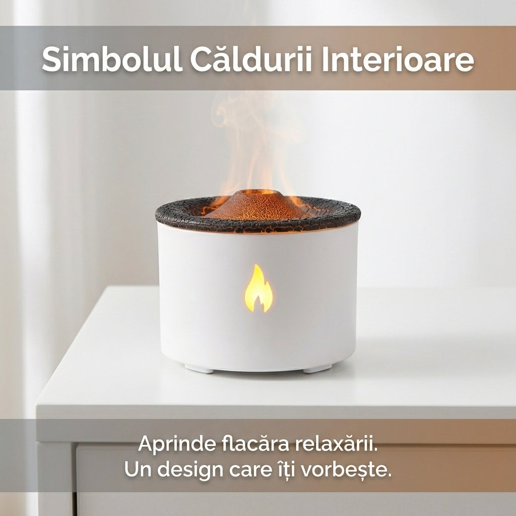 Difuzor Aromaterapie Vulcan 360ml cu Efect de Flacără, Umidificator Ultrasonic, 2 Moduri Ceață, Lumină Ambientală Roșu/Albastru, Telecomandă, Alb
