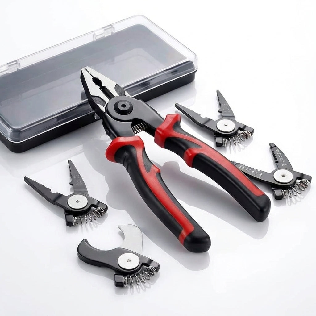 Trusă Clește Multifuncțional 5-în-1 cu Capete Interschimbabile - Dezizolat, Sertizat, Tăiat & Foarfecă (Oțel Carbon)