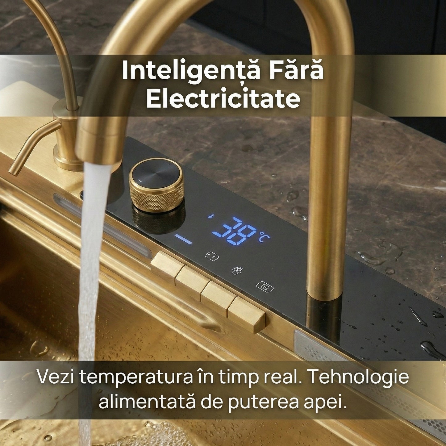 Chiuvetă de Bucătărie Multifuncțională Aurie din Inox, Afișaj Digital Hidro-Activat, Baterie Cascadă și Spălător Pahare, 75cm