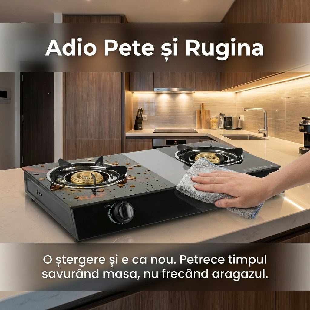 Aragaz de Masă Dublu R.8051, Sticlă Călită Neagră, Aprindere Electronică, 2 Arzătoare