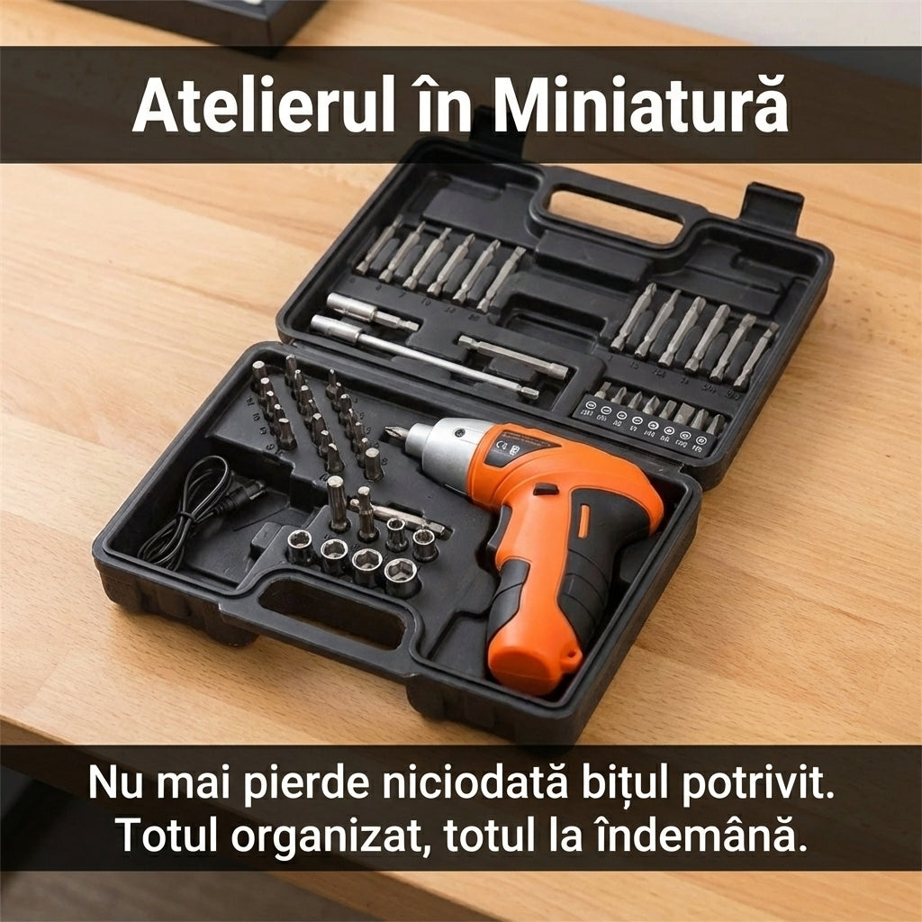Set Șurubelniță Electrică 4.8V cu Acumulator - Trusă 45 Piese (Biți & Tubulare), Încărcare USB & Mâner Ergonomic