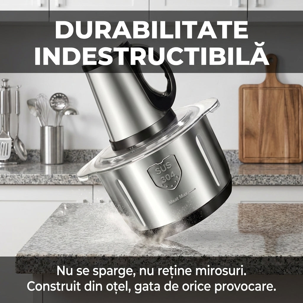 Tocător Electric Multifuncțional 5L (Inox) - Mașină de Tocat Carne & Blender Legume, Bol XXL & Lame Oțel