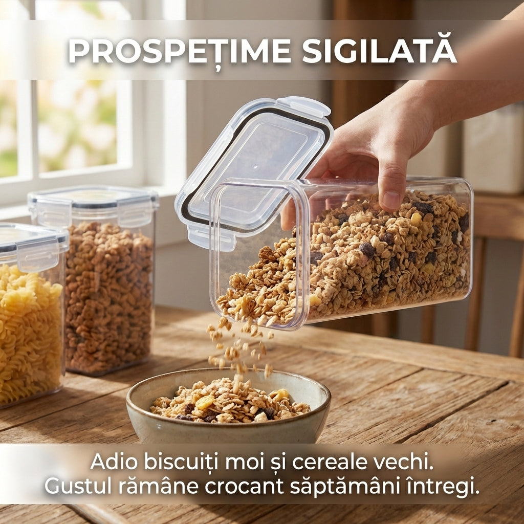 Set 7 Recipiente Alimentare Hermetice - Organizatoare Bucătărie din Plastic Fără BPA, Etichete & Marker Incluse