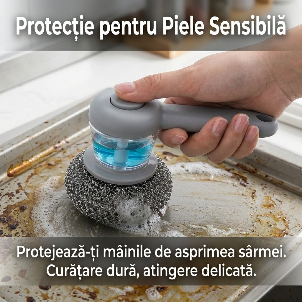 Perie de Curățare Vase cu Dozator Automat de Detergent și Burete din Sârmă de Oțel, Tip Presă
