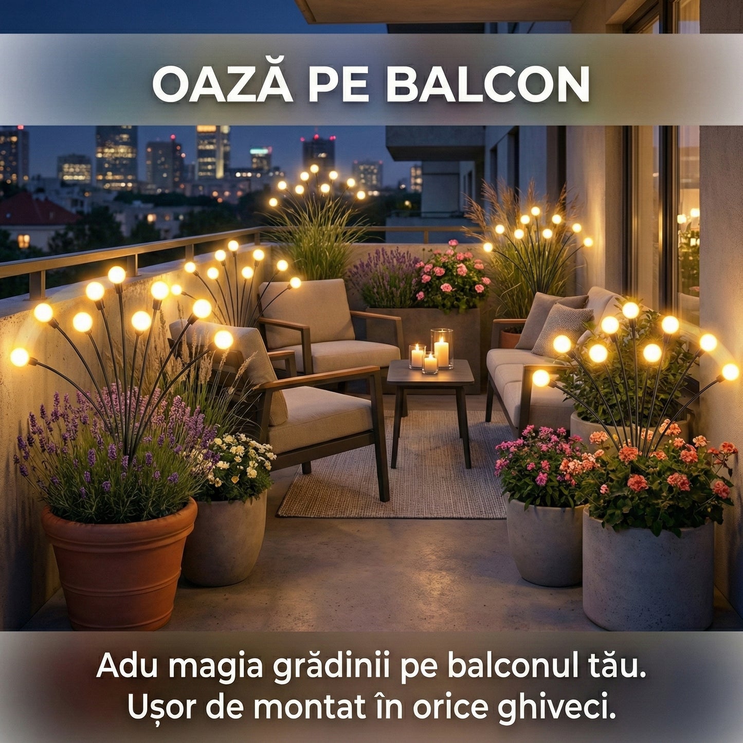 Set 4 Lămpi Solare de Grădină "Firefly" cu 8 LED-uri, Efect de Licurici Dansatori, Lumină Caldă, IP65