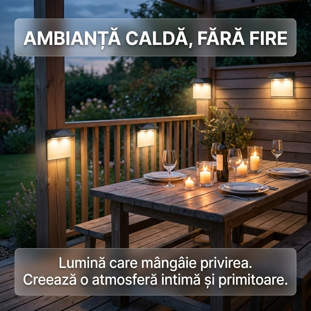 Set 4 Lămpi Solare LED pentru Trepte și Gard, Lumină Caldă, Impermeabile, Negru