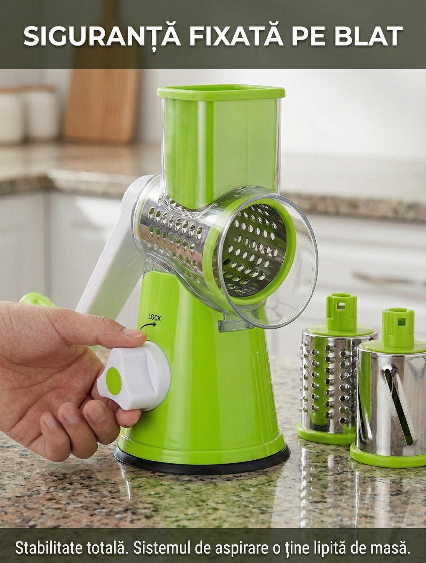 Răzătoare Manuală Multifuncțională pentru Legume (Drum Grater) - 3 Lame Inox, Fixare cu Ventuză & Feliere Rapidă