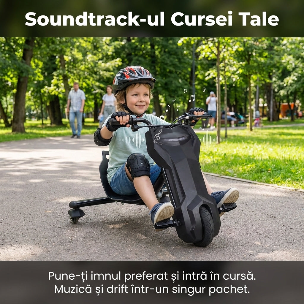 Tricicletă Electrică Drift Trike 360° pentru Copii, Motor 250W, Bluetooth, Viteză Reglabilă, Suspensie, Negru