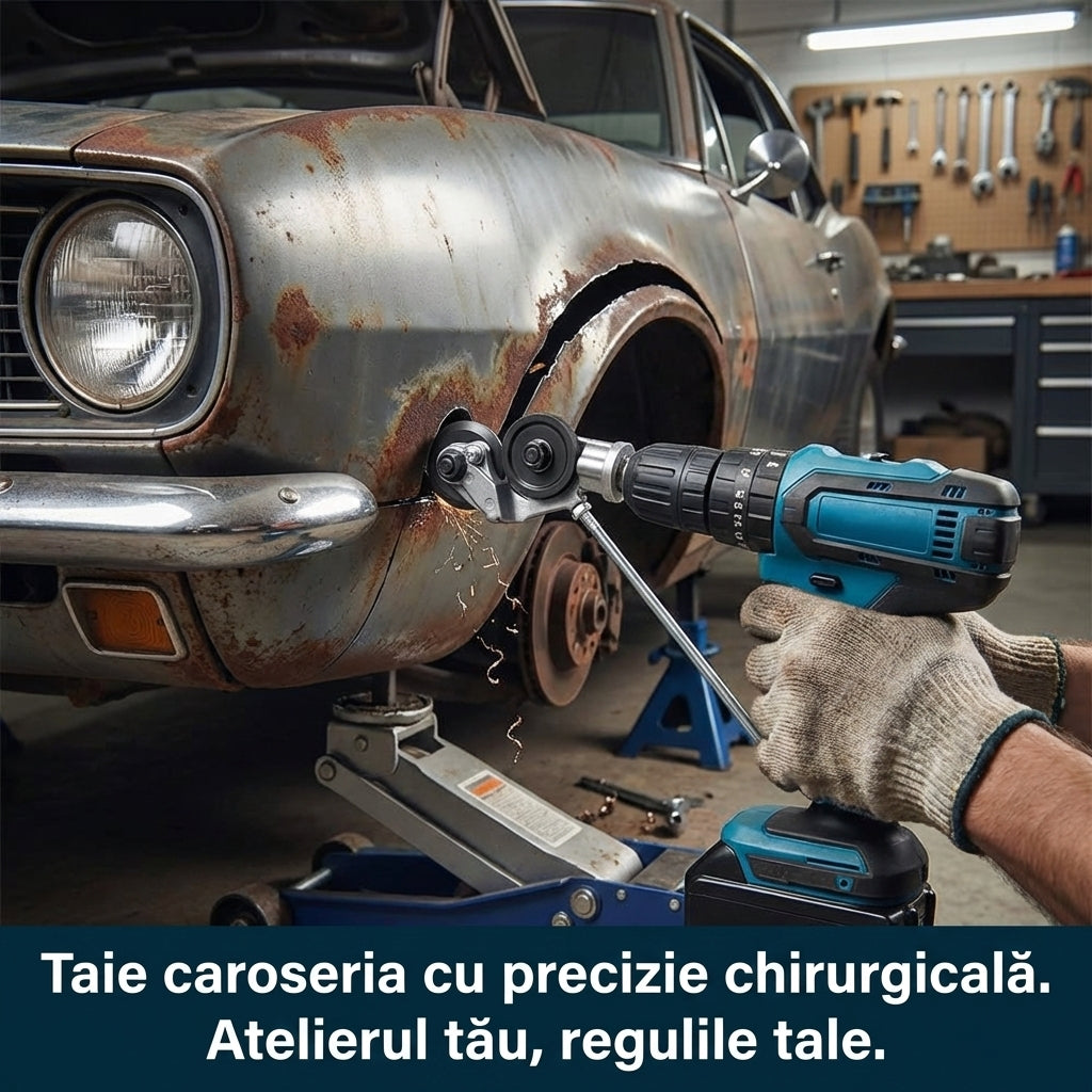 Adaptor Profesional Tăiere Tablă pentru Bormașină - Foarfecă Electrică 2mm cu Role de Ghidaj & Instalare Rapidă