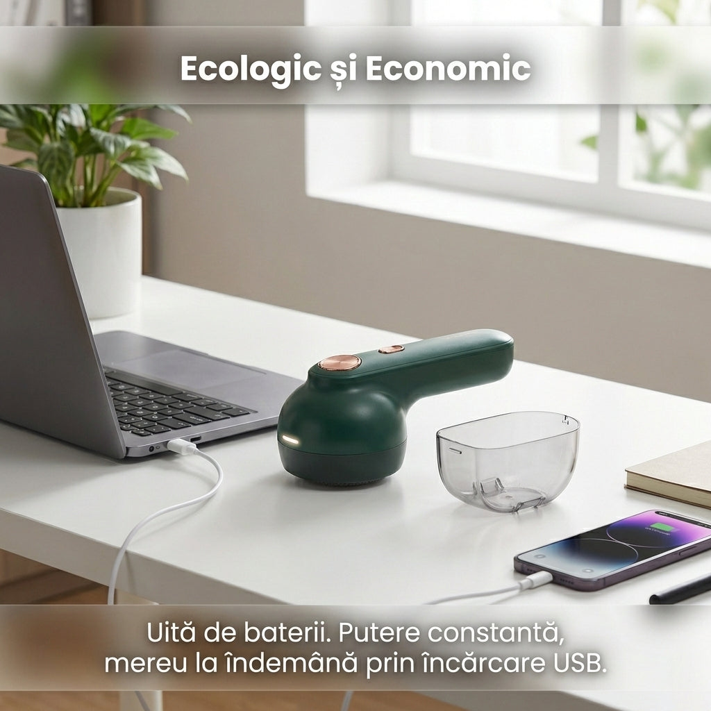 Aparat Electric de Curățat Scame, Reîncărcabil USB, Autonomie 4 Ore, Lame Inox, Portabil, Verde