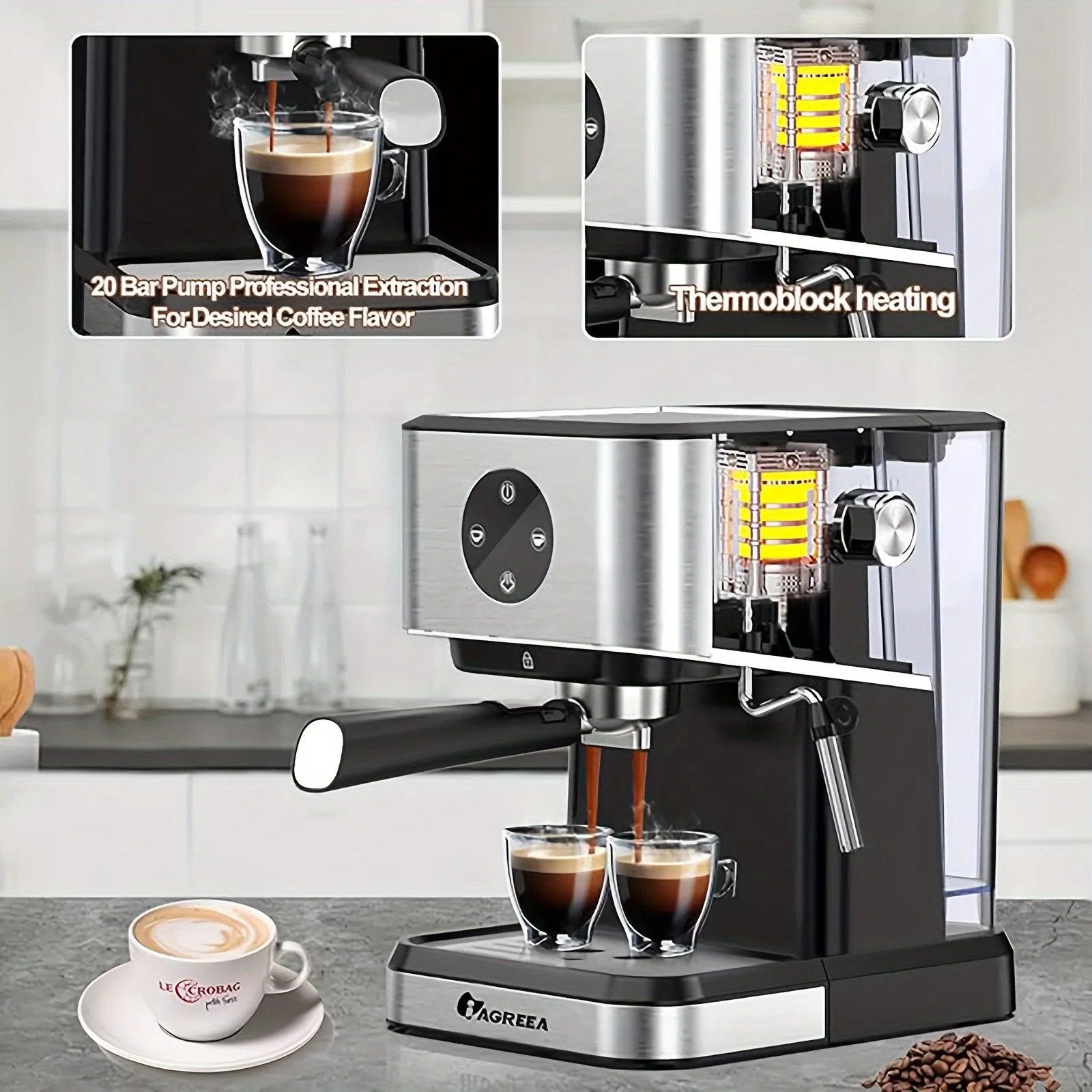 Aparat Espresso 20 Bar cu Rezervor Detasabil 1.5L – Semi-Automat 1050W cu Baguetă de Abur pentru Espresso, Latte și Cappuccino