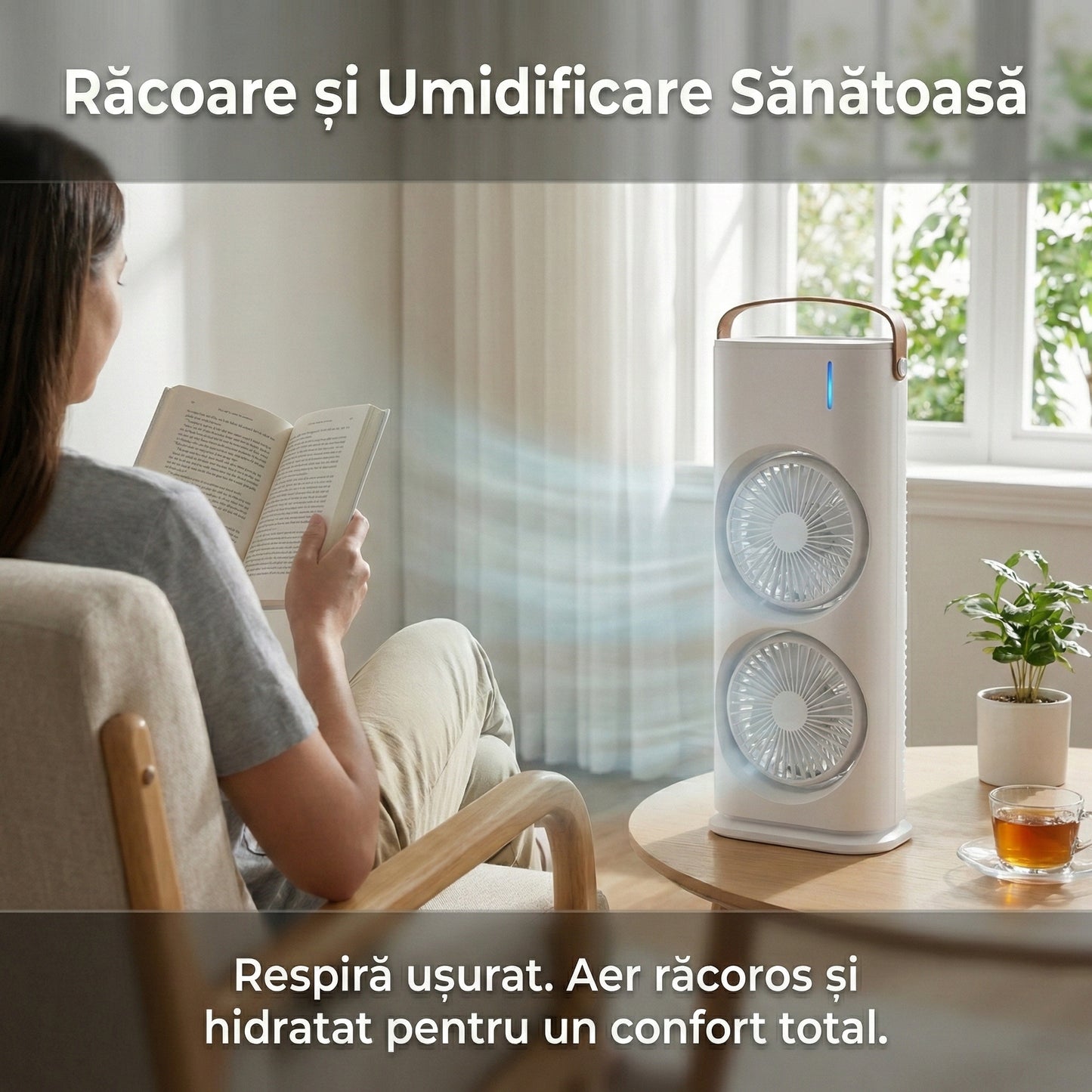 Aparat de Aer Condiționat Portabil de Birou cu Telecomandă, Umidificare prin Pulverizare, Ventilator Turn 3-în-1, Silențios, Alb