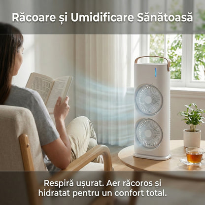 Aparat de Aer Condiționat Portabil de Birou cu Telecomandă, Umidificare prin Pulverizare, Ventilator Turn 3-în-1, Silențios, Alb
