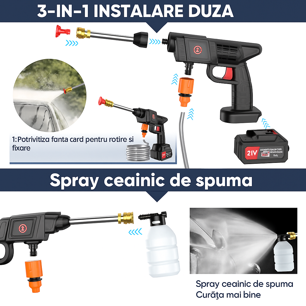 Aparat de Spălat cu Presiune Portabil 25 Bari - Kit Complet cu 2 Acumulatori 48V & Debit 8L/min