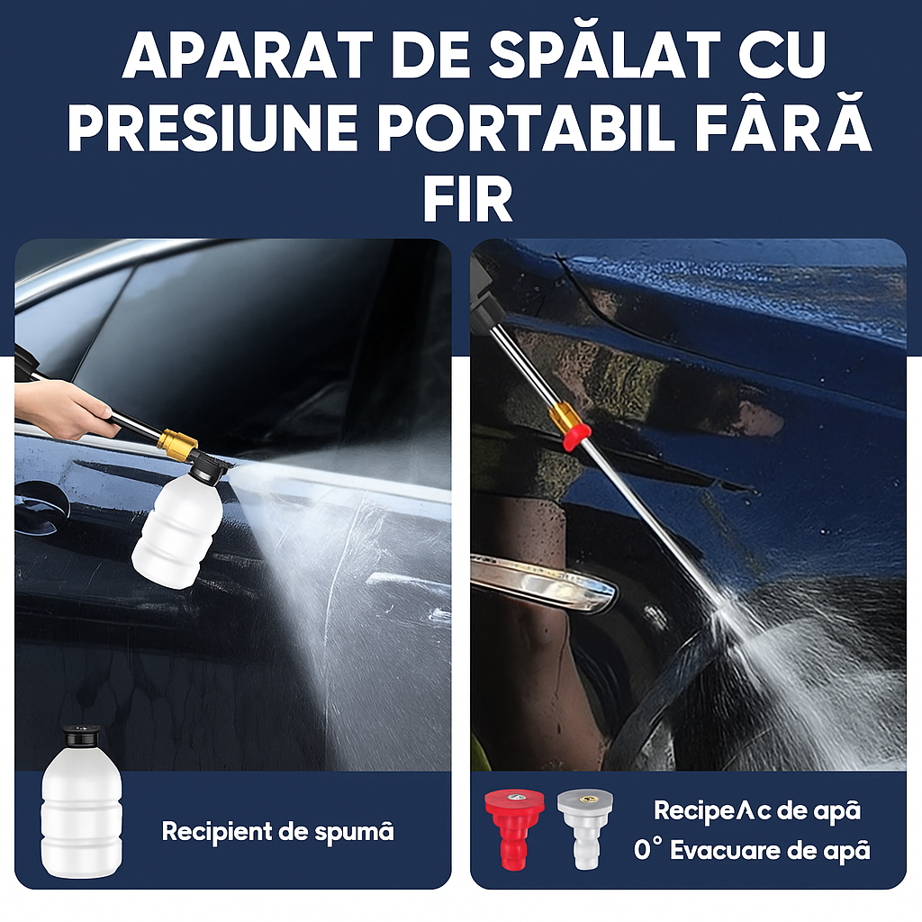 Aparat de Spălat cu Presiune Portabil 25 Bari - Kit Complet cu 2 Acumulatori 48V & Debit 8L/min