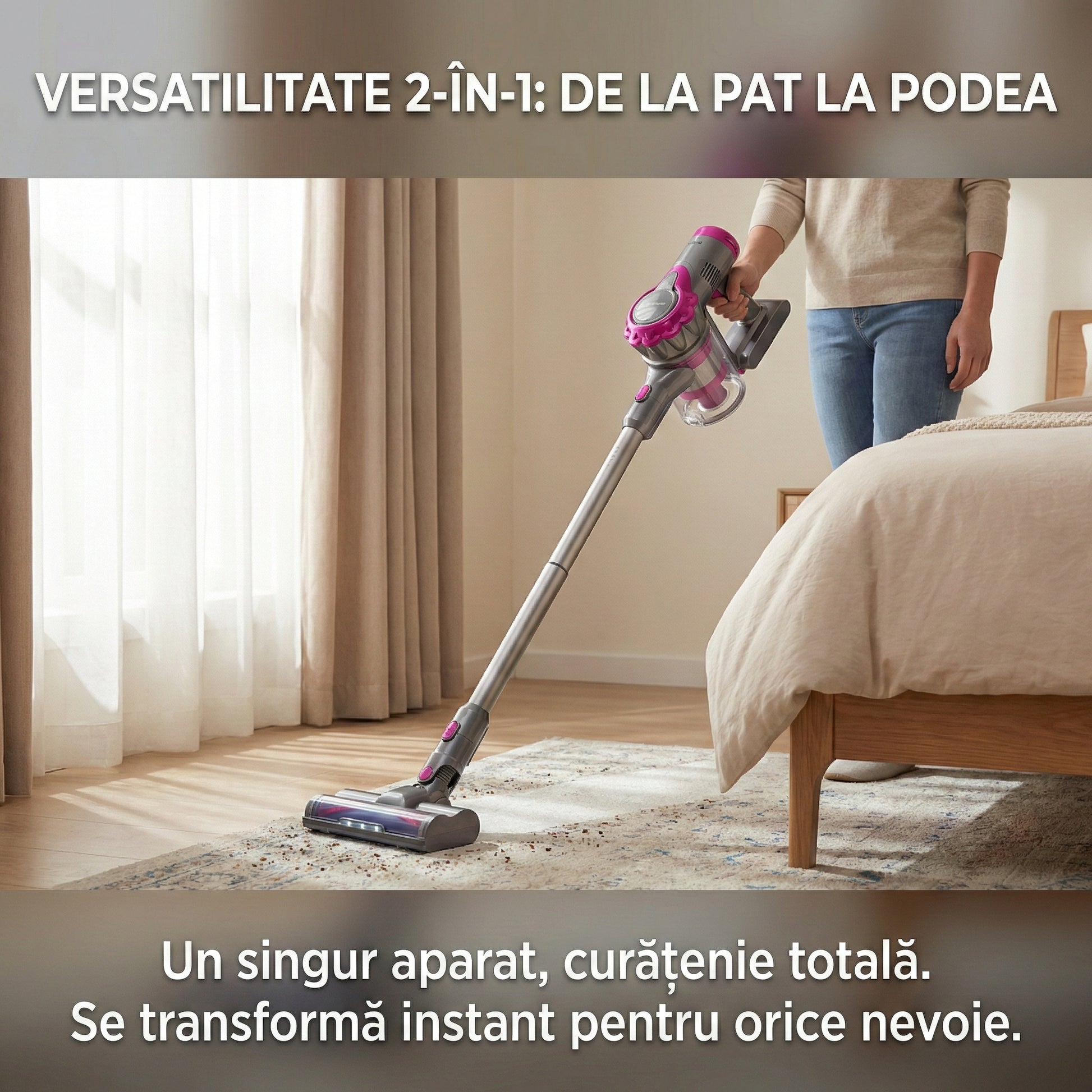 Aspirator Anti-Acarieni UV cu Ultrasunete 500W, Filtrare Dublu Ciclon, Sterilizare Pat și Canapea, Certificat Allergy UK, Gri/Roz