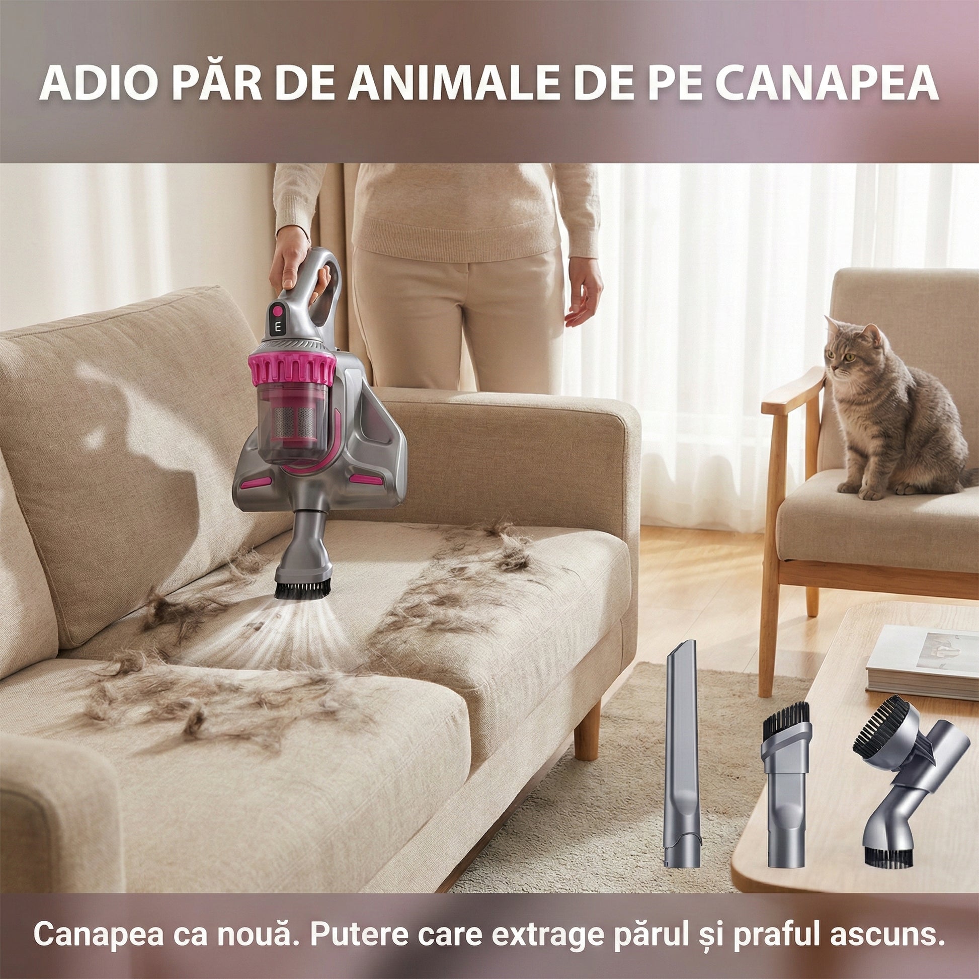 Aspirator Anti-Acarieni UV cu Ultrasunete 500W, Filtrare Dublu Ciclon, Sterilizare Pat și Canapea, Certificat Allergy UK, Gri/Roz