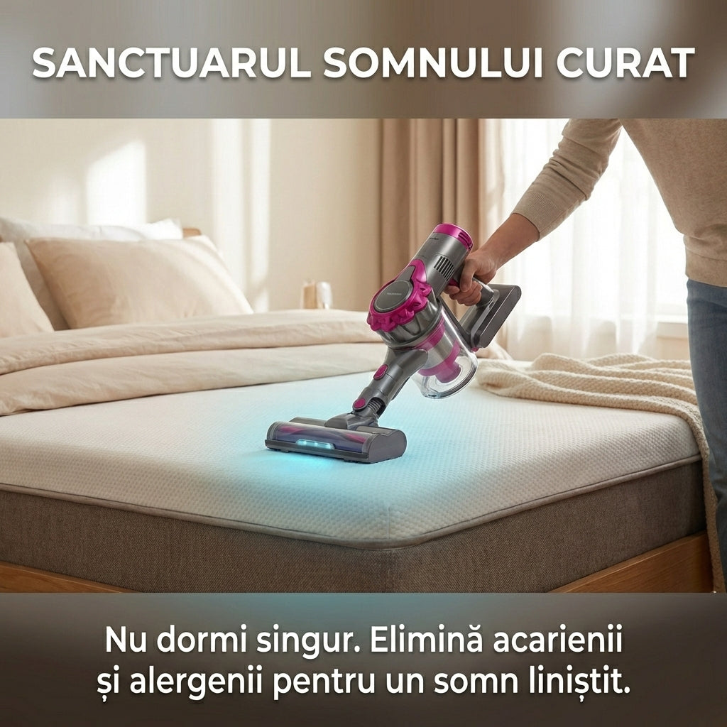 Aspirator Anti-Acarieni UV cu Ultrasunete 500W, Filtrare Dublu Ciclon, Sterilizare Pat și Canapea, Certificat Allergy UK, Gri/Roz