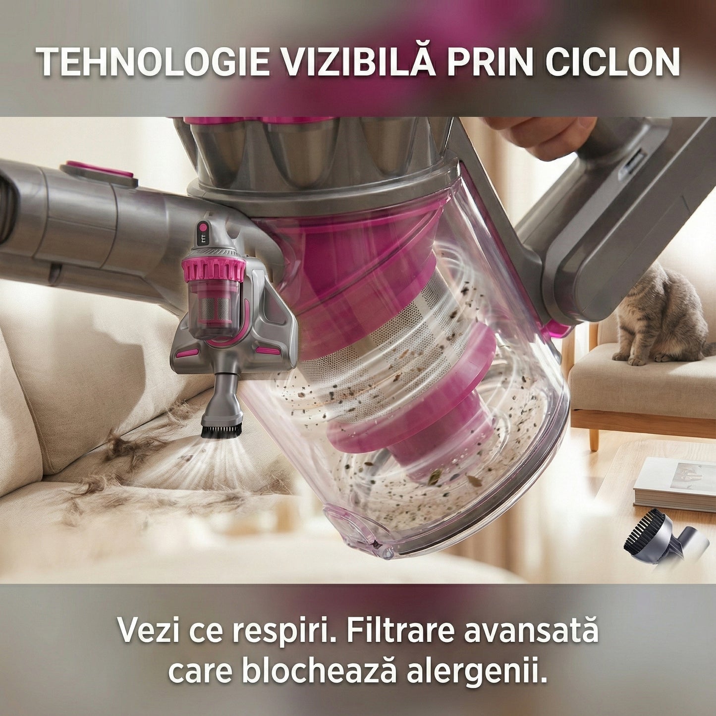 Aspirator Anti-Acarieni UV cu Ultrasunete 500W, Filtrare Dublu Ciclon, Sterilizare Pat și Canapea, Certificat Allergy UK, Gri/Roz