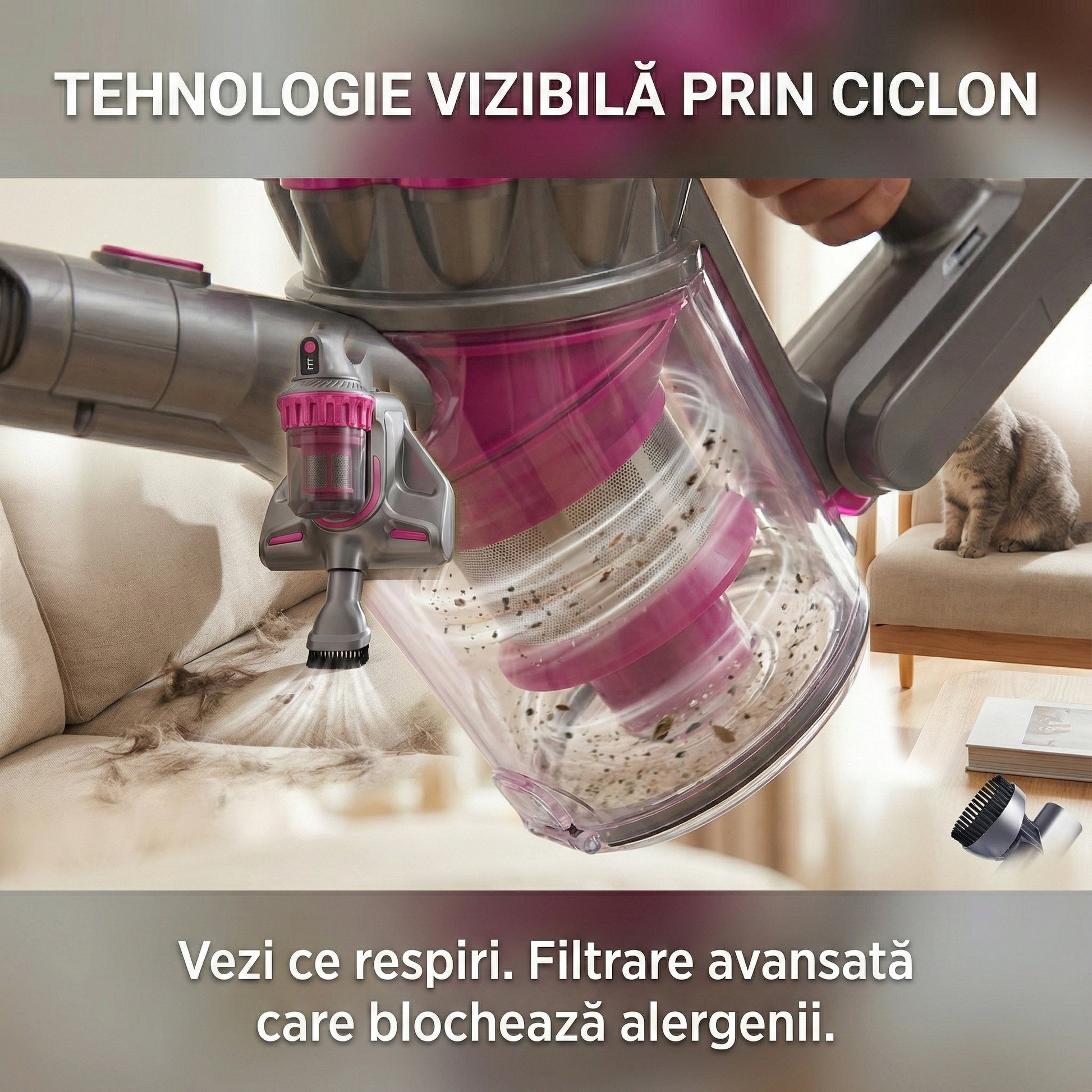 Aspirator Anti-Acarieni UV cu Ultrasunete 500W, Filtrare Dublu Ciclon, Sterilizare Pat și Canapea, Certificat Allergy UK, Gri/Roz