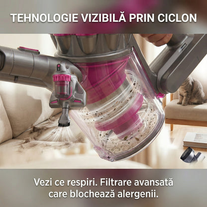 Aspirator Anti-Acarieni UV cu Ultrasunete 500W, Filtrare Dublu Ciclon, Sterilizare Pat și Canapea, Certificat Allergy UK, Gri/Roz