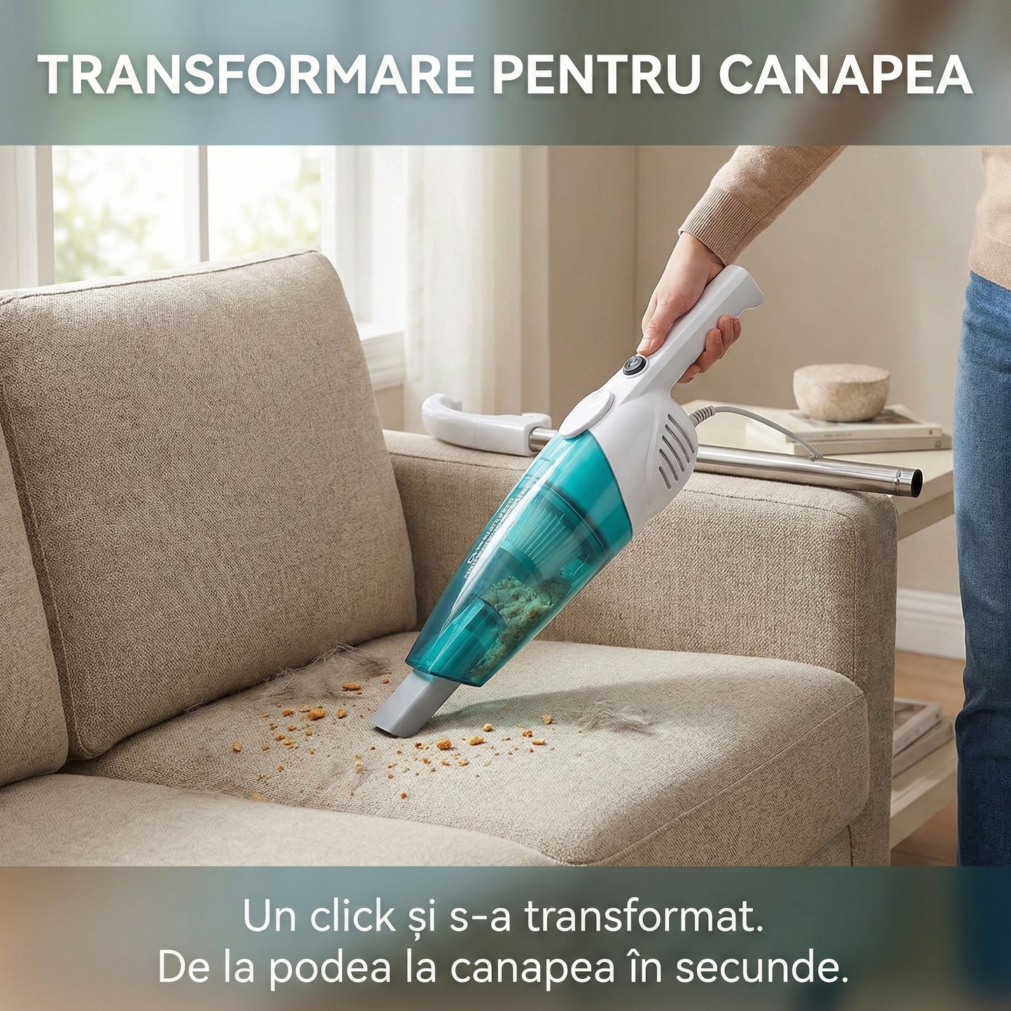 Aspirator Vertical 2-în-1 Ciclonic Fără Sac, Filtru HEPA, Putere >14Kpa, Recipient 0.8L, Cablu 4.5m, Alb/Turcoaz