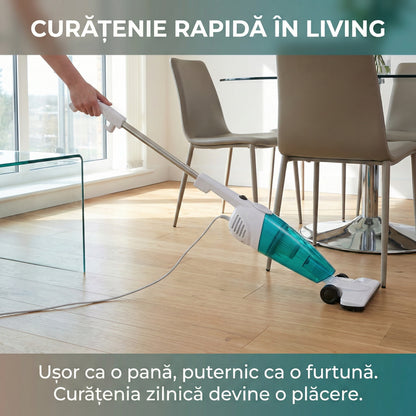 Aspirator Vertical 2-în-1 Ciclonic Fără Sac, Filtru HEPA, Putere >14Kpa, Recipient 0.8L, Cablu 4.5m, Alb/Turcoaz