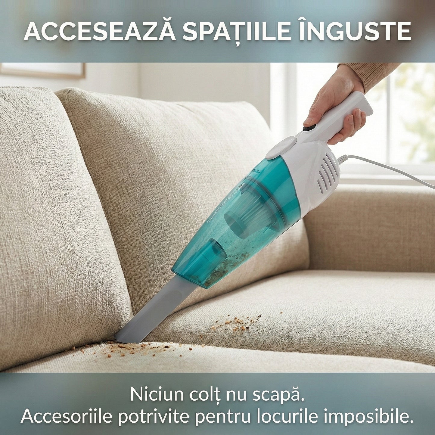 Aspirator Vertical 2-în-1 Ciclonic Fără Sac, Filtru HEPA, Putere >14Kpa, Recipient 0.8L, Cablu 4.5m, Alb/Turcoaz