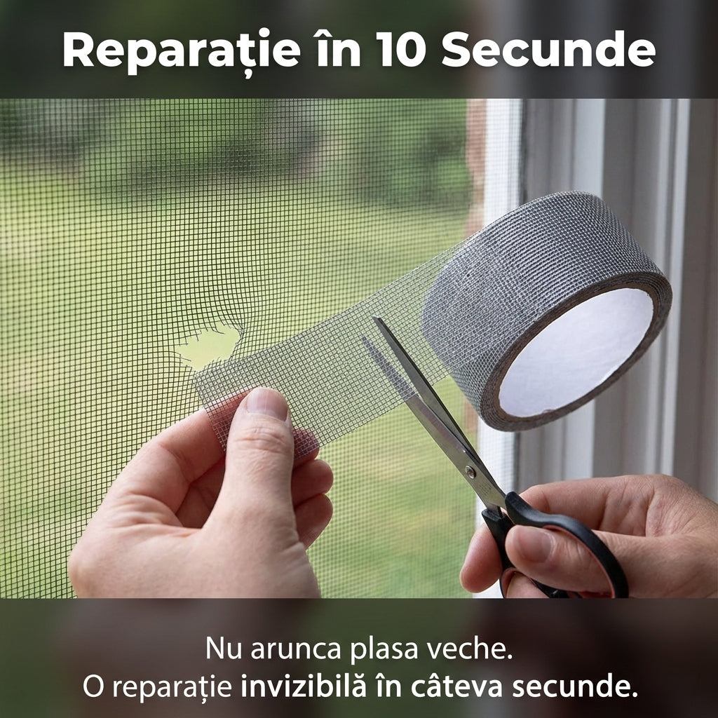 Bandă Adezivă pentru Reparație Plase Țânțari, Fibră de Sticlă Premium, 5 x 180 cm, Gri