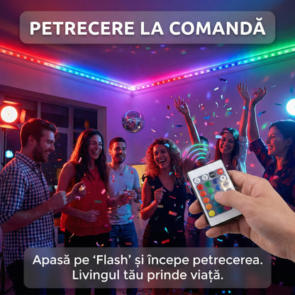 Bandă LED RGB Multicoloră 5m, 300 LED-uri SMD, Telecomandă IR, Adezivă, Iluminat Ambiental Decorativ