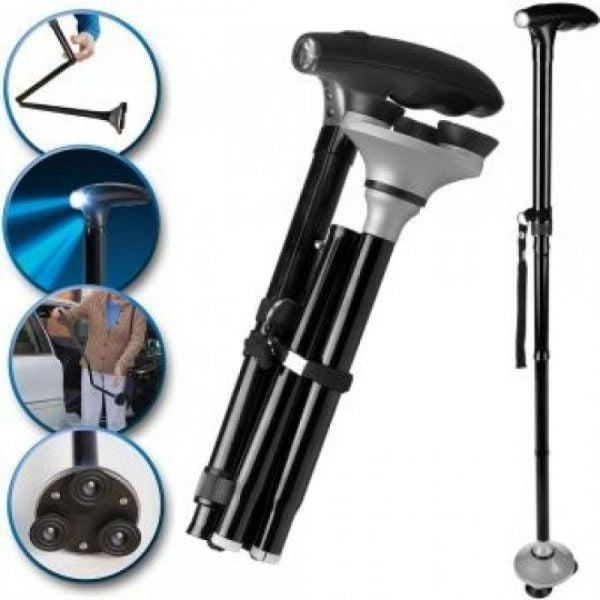 Baston Telescopic de Sprijin Pliabil cu Lanternă și Pivoți Stabilizatori Twin Grip Cane