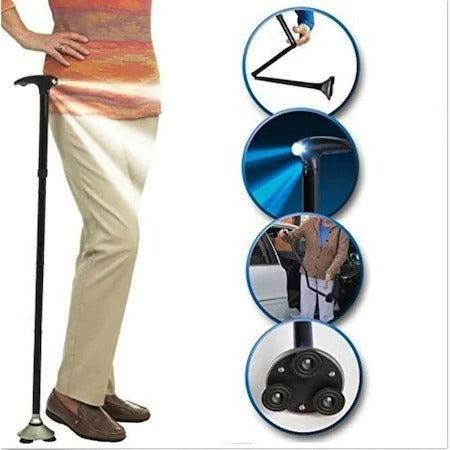 Baston Telescopic de Sprijin Pliabil cu Lanternă și Pivoți Stabilizatori Twin Grip Cane