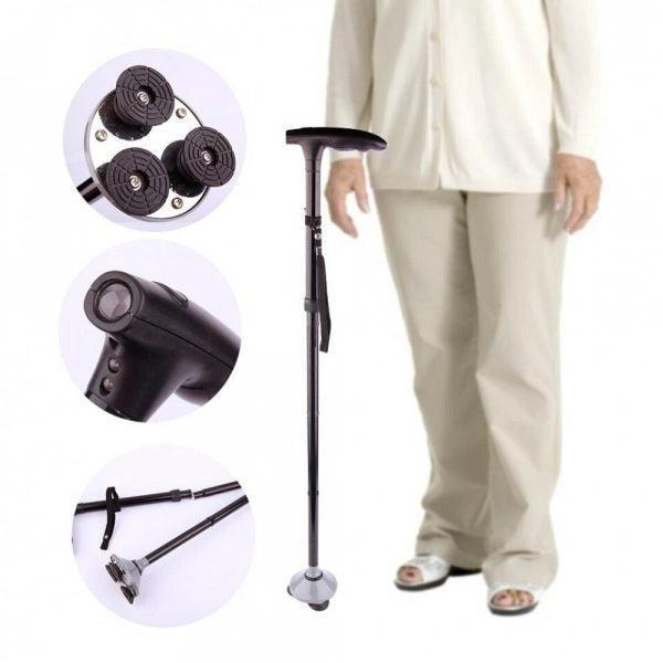 Baston Telescopic de Sprijin Pliabil cu Lanternă și Pivoți Stabilizatori Twin Grip Cane