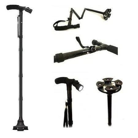 Baston Telescopic de Sprijin Pliabil cu Lanternă și Pivoți Stabilizatori Twin Grip Cane