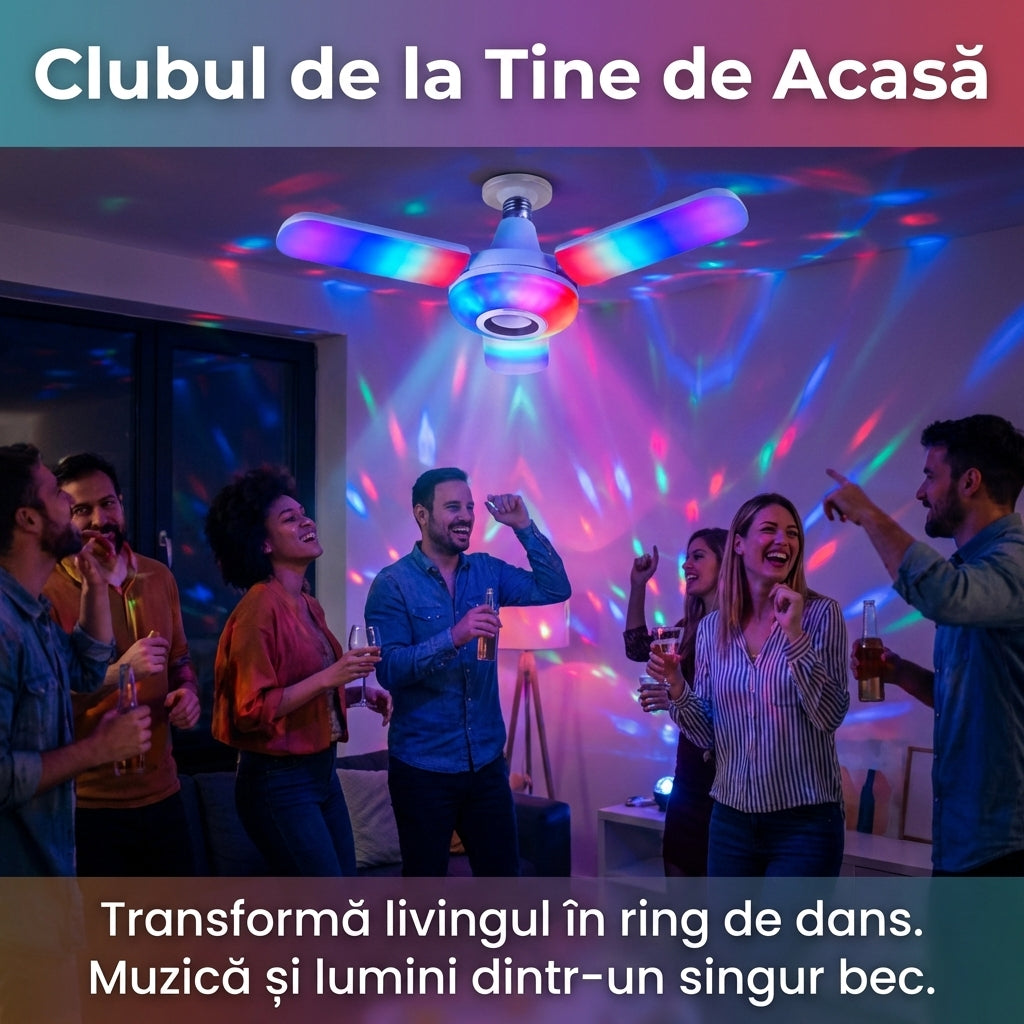 Bec Muzical LED RGB 50W cu Boxă Bluetooth, Telecomandă, Lumini Multicolore Pliabile, Soclu E27