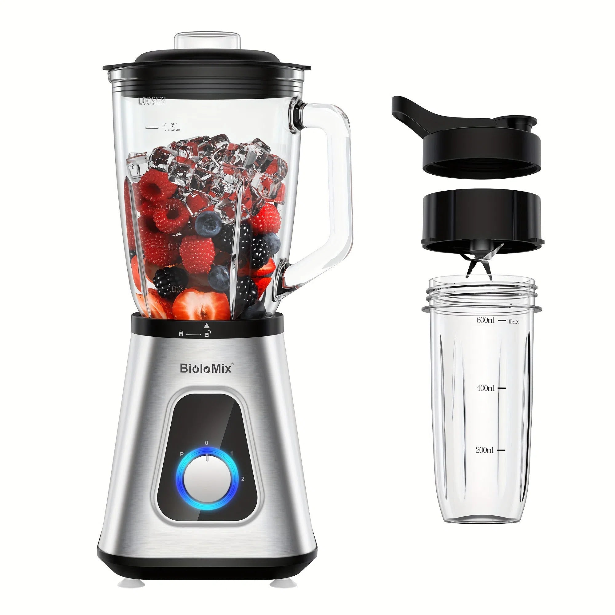 Blender pentru Smoothie-uri 1300W cu Recipient de Sticlă 1.5L și Sticlă BPA Free 600ml