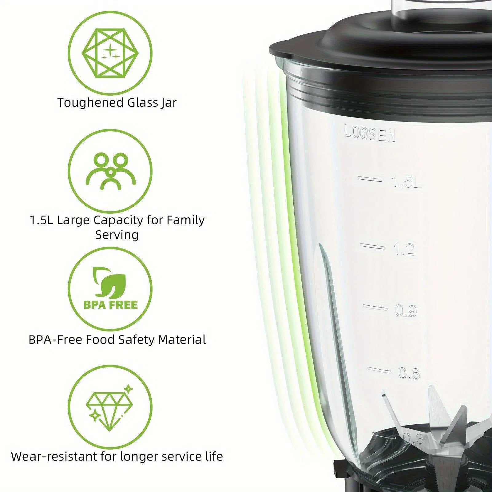 Blender pentru Smoothie-uri 1300W cu Recipient de Sticlă 1.5L și Sticlă BPA Free 600ml