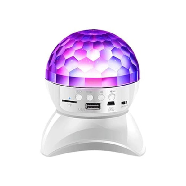 Boxă Portabilă Bluetooth cu Lumini Disco RGB, Glob de Cristal Rotativ, Radio FM, USB și Suport Card TF, Alb