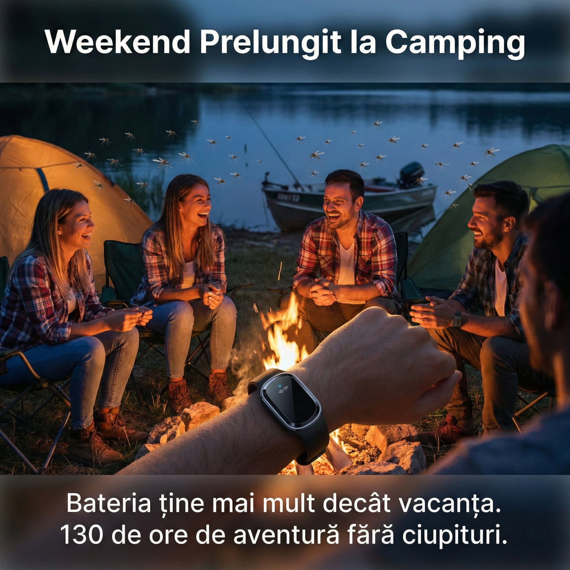 Brățară Inteligentă Anti-Țânțari cu Ultrasunete, Reîncărcabilă USB, Fără Chimicale, Autonomie 130 Ore, Negru