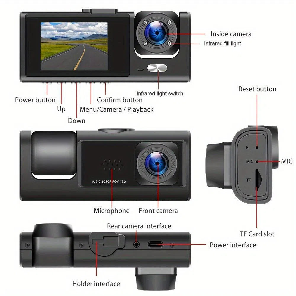 Cameră Auto HD 1080P cu Două Camere - Vedere Nocturnă IR, Înregistrare în Buclă, Ecran IPS 5.08 cm