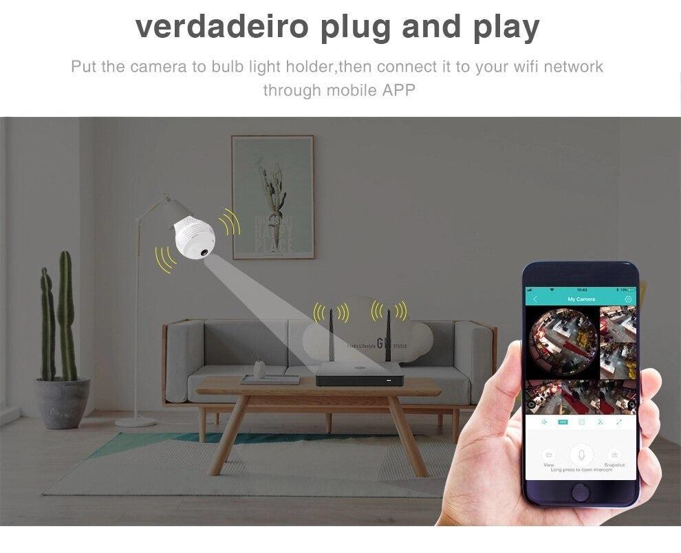 Camera IP Panoramică 360°, Wifi, Aplicatie Live pe Telefon, Montare Tip Bec E27