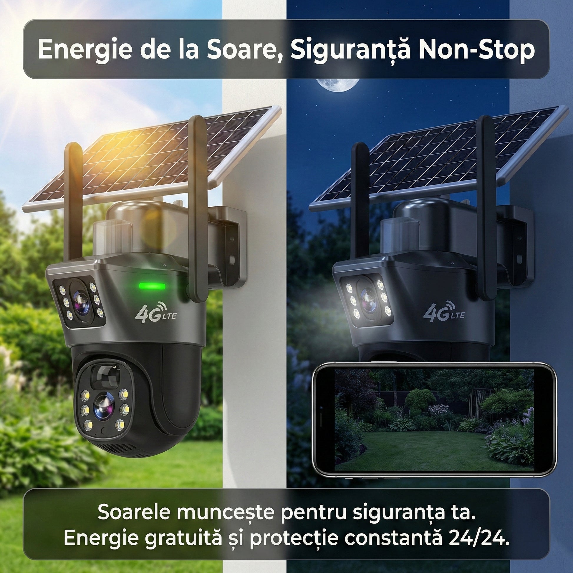 Camera Supraveghere Dual Lens 4K 8MP, Panou Solar 18W, Conectivitate 4G SIM / Autonomie Totală, Vedere Nocturnă Color, Urmărire AI, V380 Pro, Negru