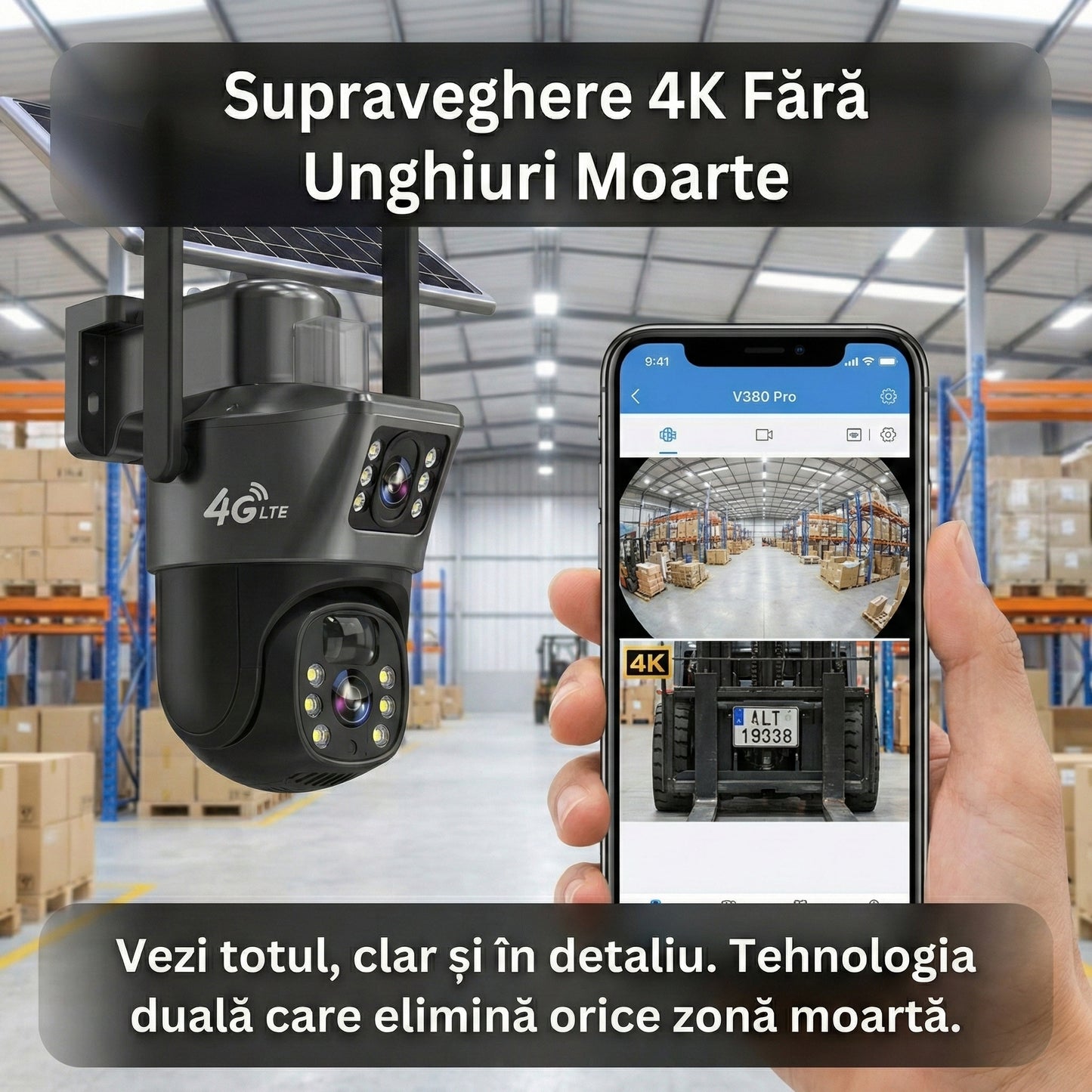 Camera Supraveghere Dual Lens 4K 8MP, Panou Solar 18W, Conectivitate 4G SIM / Autonomie Totală, Vedere Nocturnă Color, Urmărire AI, V380 Pro, Negru
