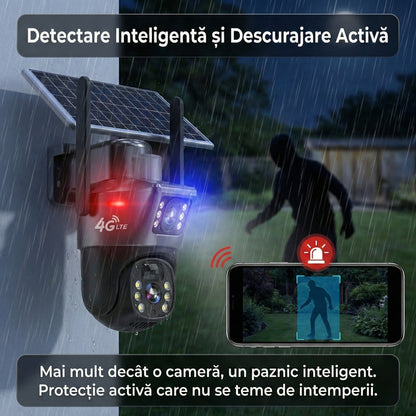 Camera Supraveghere Dual Lens 4K 8MP, Panou Solar 18W, Conectivitate 4G SIM / Autonomie Totală, Vedere Nocturnă Color, Urmărire AI, V380 Pro, Negru