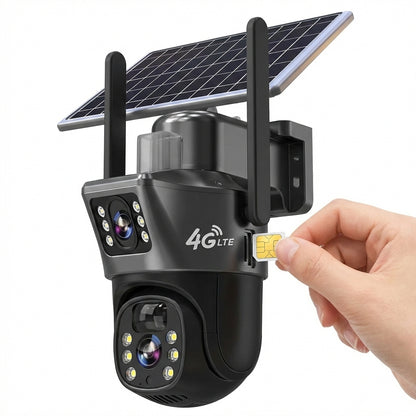 Camera Supraveghere Dual Lens 4K 8MP, Panou Solar 18W, Conectivitate 4G SIM / Autonomie Totală, Vedere Nocturnă Color, Urmărire AI, V380 Pro, Negru
