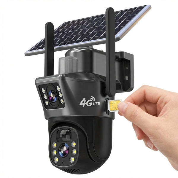 Camera Supraveghere Dual Lens 4K 8MP, Panou Solar 18W, Conectivitate 4G SIM / Autonomie Totală, Vedere Nocturnă Color, Urmărire AI, V380 Pro, Negru