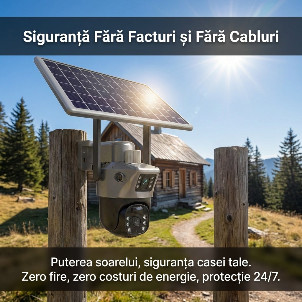 Cameră Supraveghere Solară Dubla WIFI Exterior, Lentilă Dublă 4MP, Detectare Umanoid PIR, Night Vision Color, IP66, Baterie 12000mAh